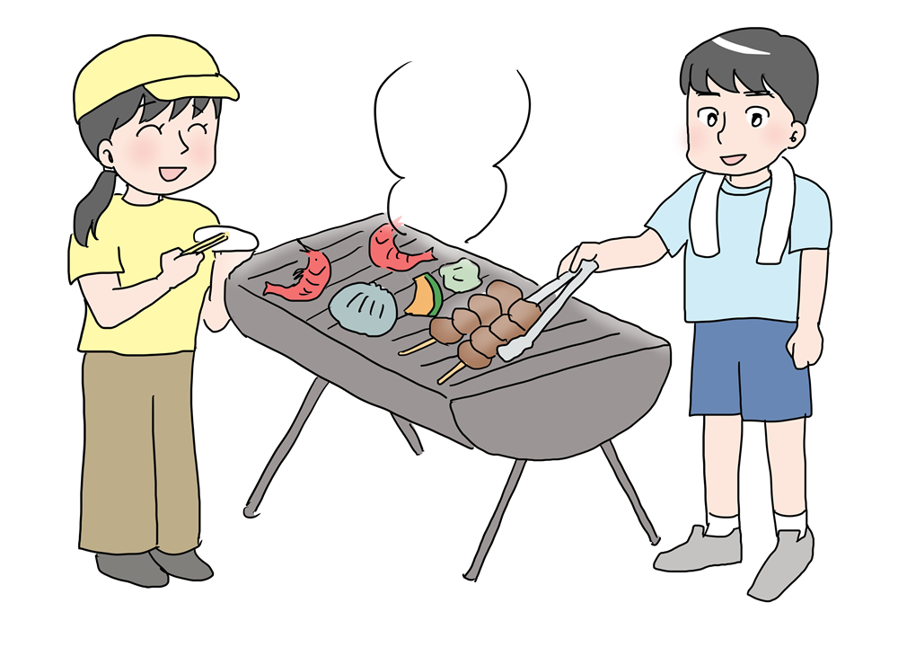 バーベキューを楽しむ子どもたちの人物素材｜屋外レジャーの夏イラスト
