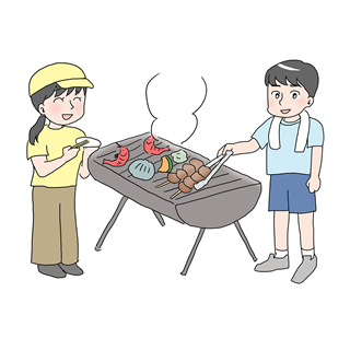 バーベキューを楽しむ子どもたちの人物素材｜屋外レジャーの夏イラスト