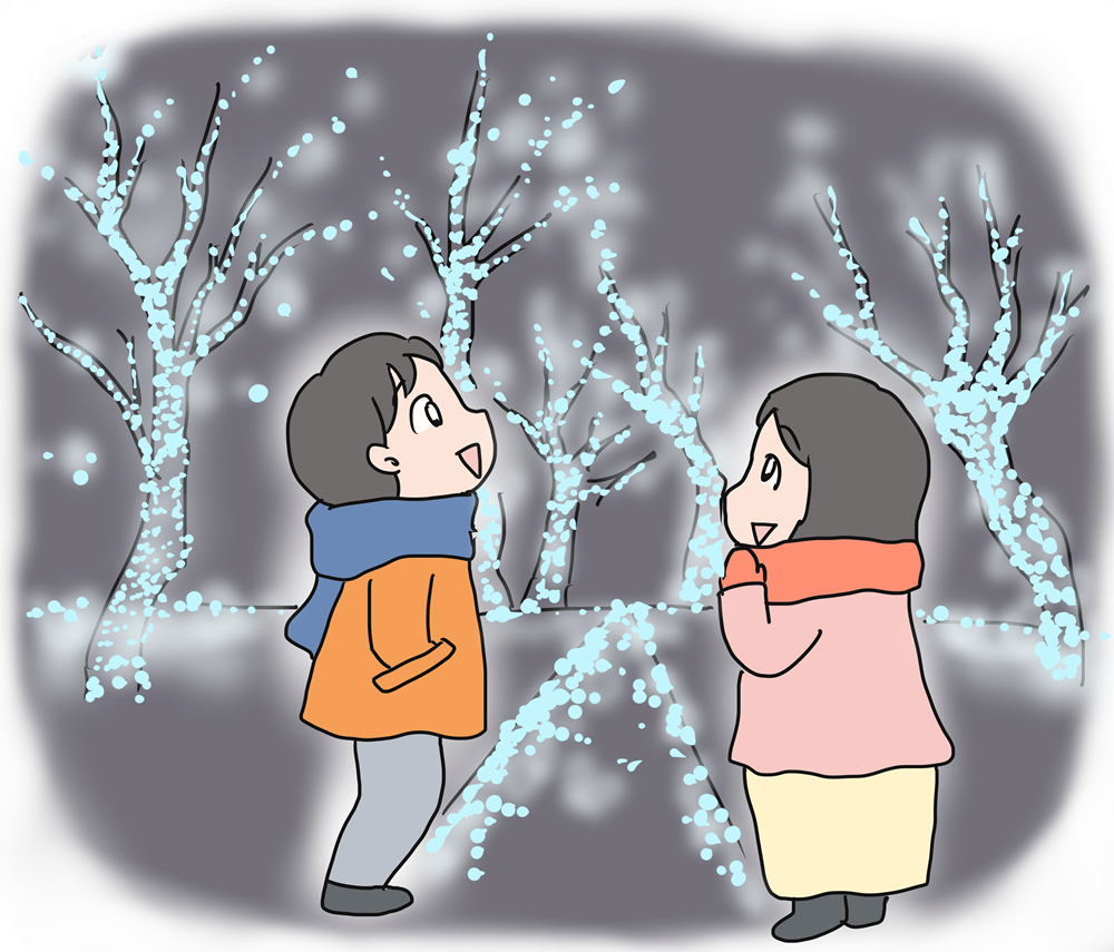 冬のイルミネーションを楽しむ男女のイラスト素材｜デート・観光・季節イベントに