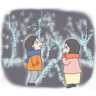 冬のイルミネーションを楽しむ男女のイラスト素材｜デート・観光・季節イベントに