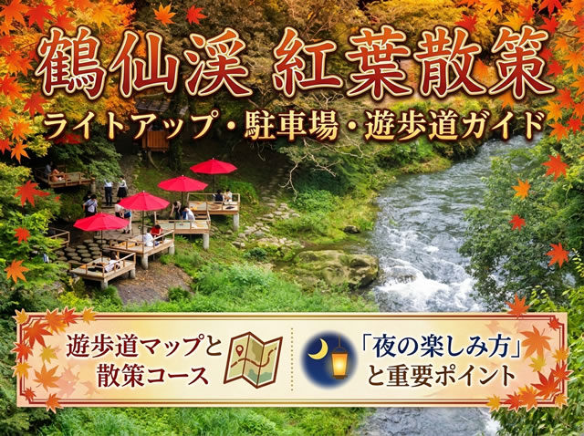 鶴仙渓の紅葉と川床の風景を紹介するライトアップ・散策ガイド