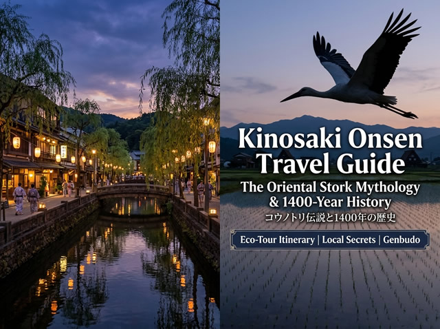 Kinosaki Onsen travel guide featuring a twilight townscape and rice fields with an Oriental Stork flying overhead