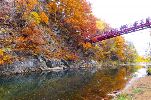 渓谷に架かる赤い橋と水面に映る紅葉の美しい風景