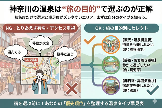 神奈川の温泉は旅の目的で選ぶのが正解｜箱根湯本・湯河原・強羅の選び方図解