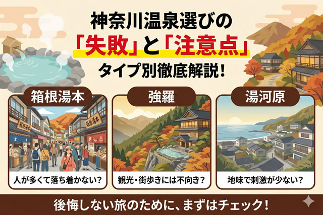 神奈川温泉選びの失敗と注意点をタイプ別に解説した図解イラスト