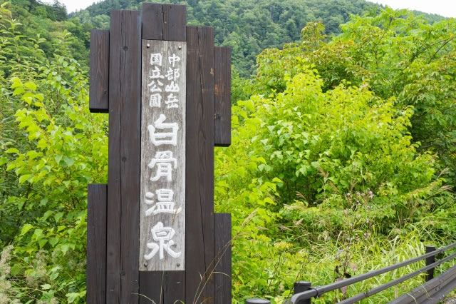 白骨温泉の入口に立つ案内看板。中部山岳国立公園内にある秘湯温泉地を示す木製標識と周囲の自然