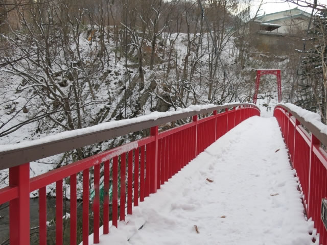 雪に覆われた赤い橋と冬の渓谷風景
