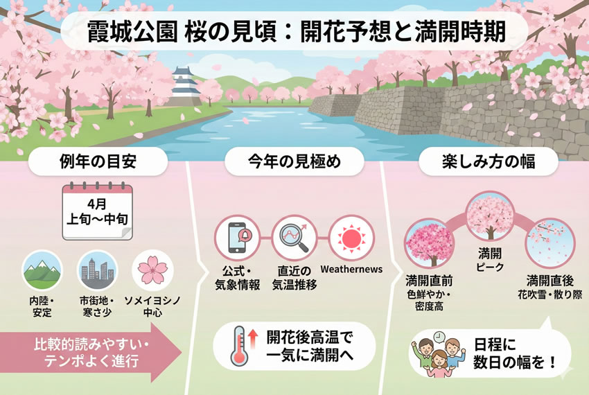 霞城公園の桜の見頃と開花予想を解説した図