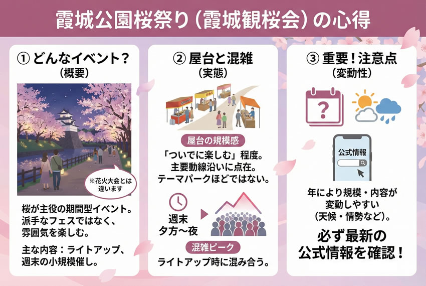 霞城公園桜祭り(霞城観桜会)の概要と注意点をまとめた解説図