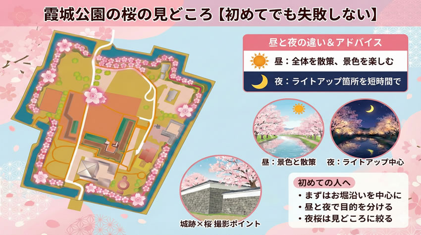霞城公園の桜の見どころと昼夜の回り方を示した案内マップ