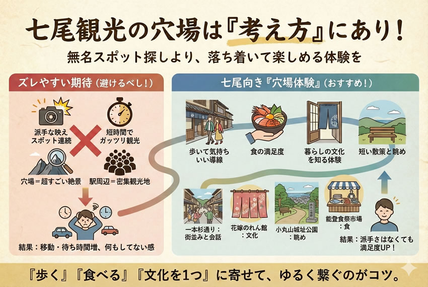 七尾観光の穴場は考え方次第と伝える図解（ズレやすい期待と七尾向き体験の比較）