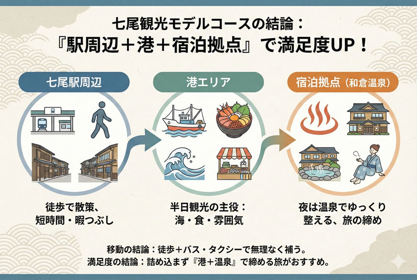 七尾観光モデルコースの結論を図解したイラスト（駅周辺・港エリア・和倉温泉の組み合わせ）