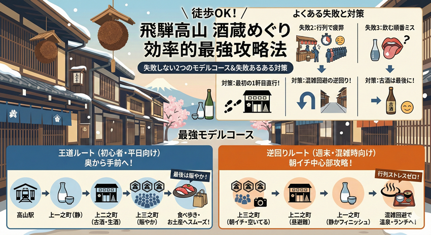 飛騨高山の酒蔵めぐりを徒歩で回る効率的なモデルコースと失敗対策をまとめた画像
