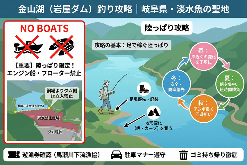 金山湖（岩屋ダム）の陸っぱり釣りルールと季節別攻略ポイントを解説