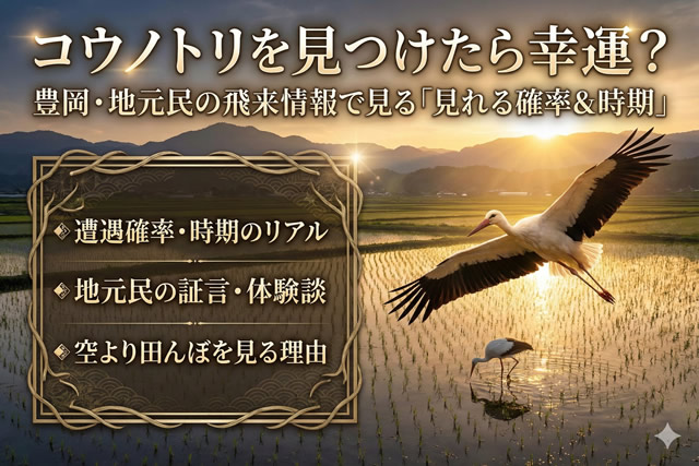 コウノトリを見つけたら幸運かを解説する豊岡の田んぼとコウノトリのイメージ