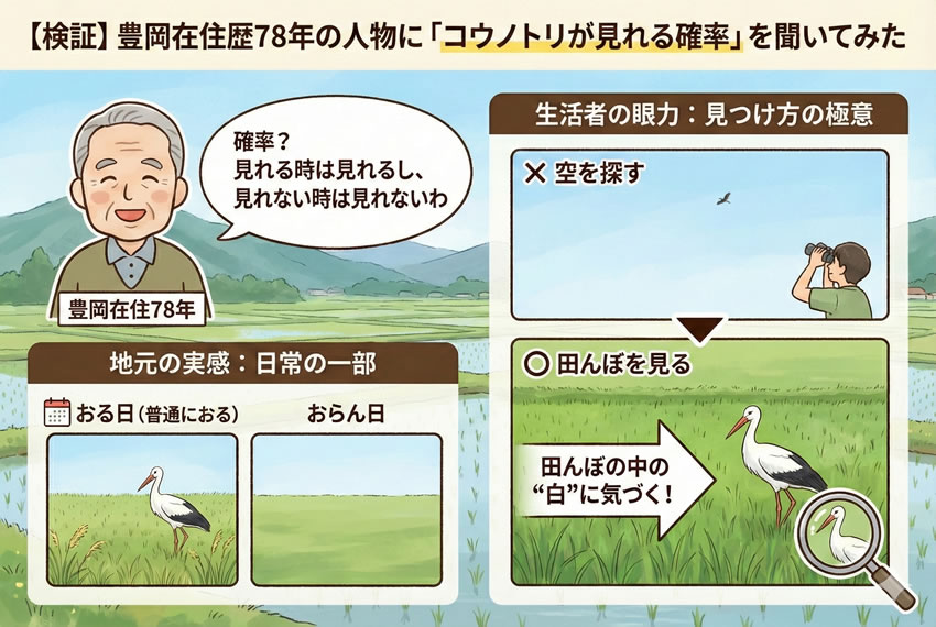 豊岡在住78年の証言をもとに、コウノトリの見つけ方と地元感覚を解説した図解