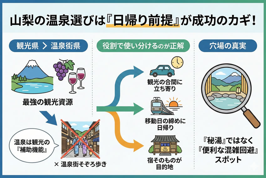 山梨の温泉は日帰り前提で選ぶべき理由を解説した図