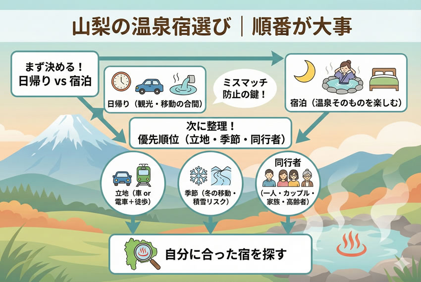 山梨の温泉宿選びは日帰りか宿泊かの順番が重要と分かる図解