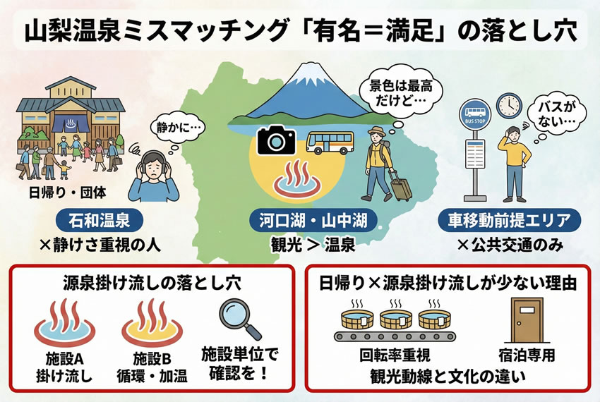山梨温泉で有名＝満足とは限らない理由とミスマッチの落とし穴を解説した図解