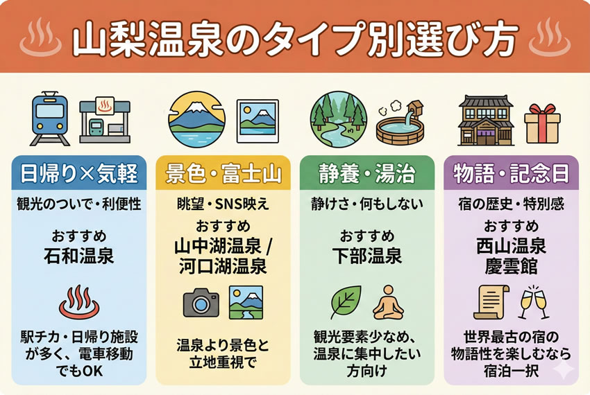 山梨温泉のタイプ別選び方をまとめた図解