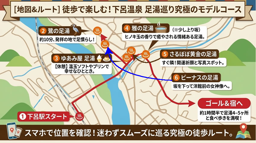 下呂温泉の足湯巡りモデルコースを示した地図