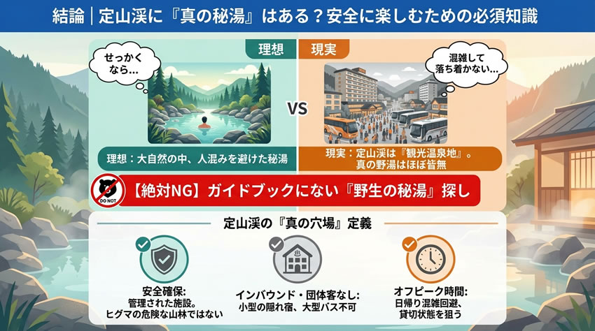 定山渓の秘湯の現実と安全な楽しみ方を解説した比較画像