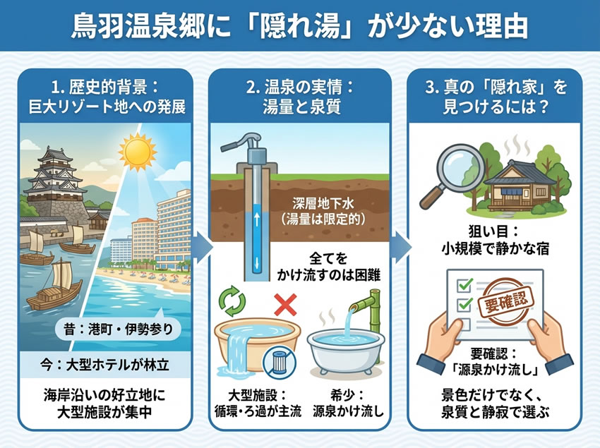 鳥羽温泉郷に隠れ湯が少ない理由を解説した画像