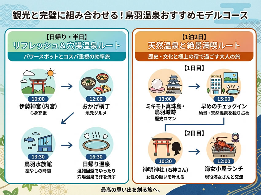 鳥羽温泉のおすすめモデルコースを日帰りと1泊2日で紹介した図解