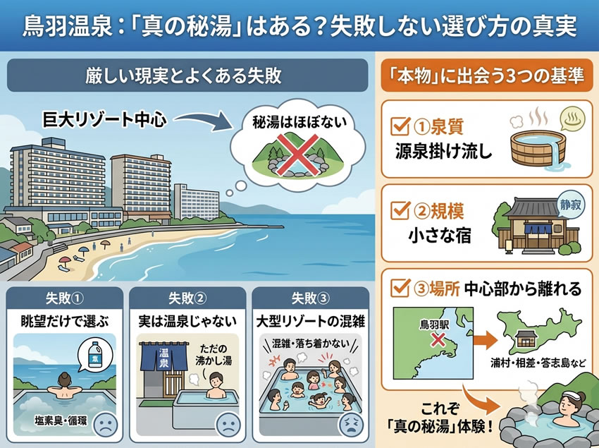 鳥羽温泉の失敗例と本物の選び方を解説した画像