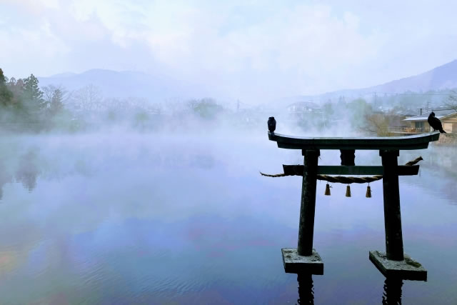 霧が立ち込める早朝の金鱗湖と、対岸に佇む古びたペンション「豊の国」