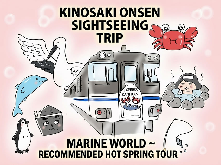 An illustration of a Kinosaki Onsen sightseeing trip and public bath hopping