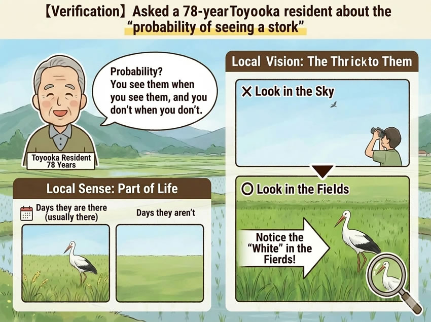 An illustration explaining how to spot Oriental Storks and the local perspective, based on the testimony of a 78-year Toyooka resident