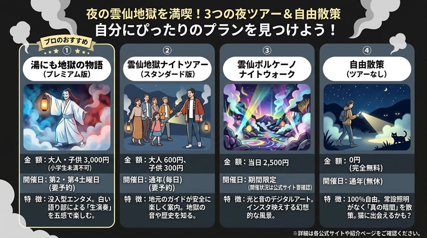 夜の雲仙地獄の楽しみ方を比較したナイトツアーと自由散策の一覧