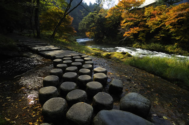 石畳や飛び石が続く鶴仙渓の遊歩道